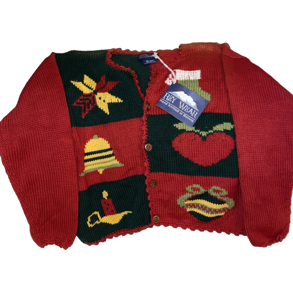 Vtg Sweater Rey Wear Hand Knitted Bolivia Ugly Xmas  Sweater Women's Sz S/M Flaw